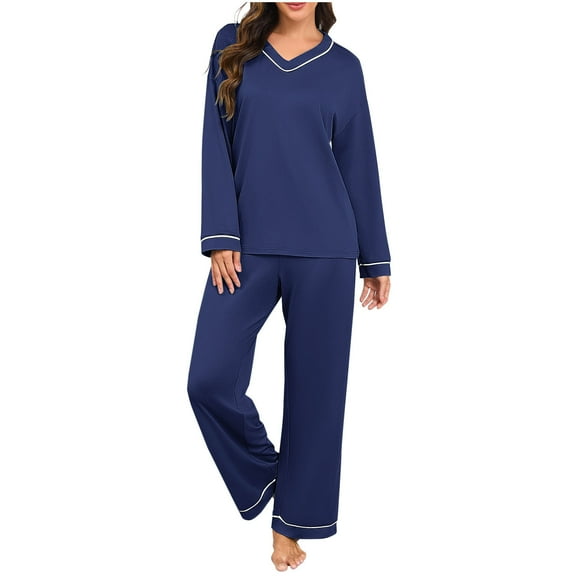Cotton Pajamas Sets for Women 2 Piece Long Sleeve V Neck Top and Wide Leg Elastic Waist PJ Bottom Soft Sleepwear (XL, Dark Blue)