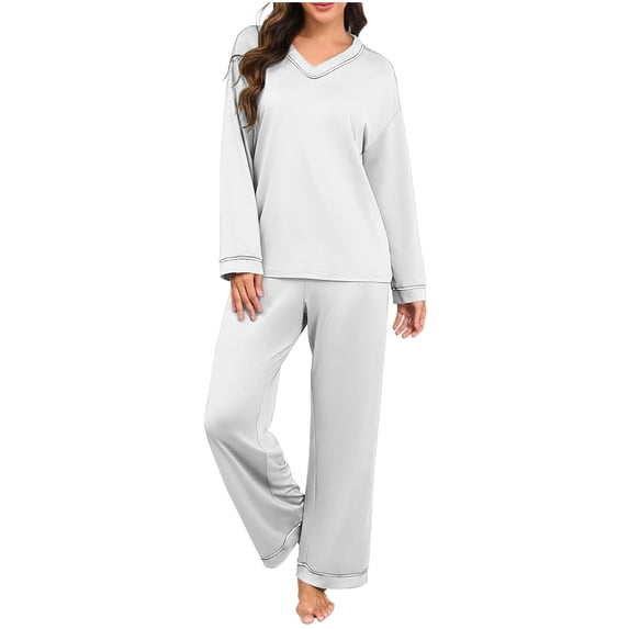 Cotton Pajamas Sets for Women 2 Piece Long Sleeve V Neck Top and Wide Leg Elastic Waist PJ Bottom Soft Sleepwear (XL, White)