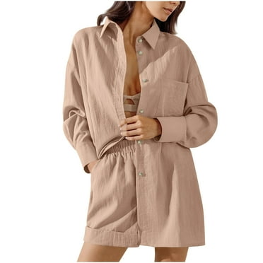Cotton Pajamas Sets for Women 2024 Comfy Baggy Solid Casual Loungewear 3pc Underwear Cardigans and Shorts Suits Homewear