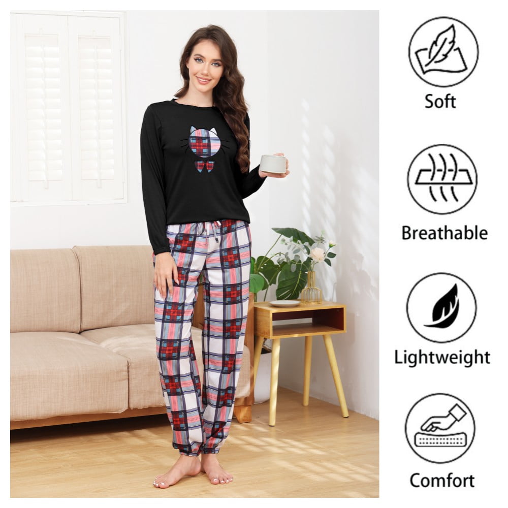 Cotton Pajamas Sets for Women 2pcs Long Sleeve and Long Pants Pajama Set Cute Print Pajama Set Womens Soft Loungewear Set with Pockets S XXL Walmart