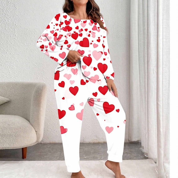 Cotton Pajamas Soft Pajamas for Women’s Plus Size Valentine's Print Sleepwear Set Long Sleeve Tops Loose Pants Loungewear for Home Red 3XL