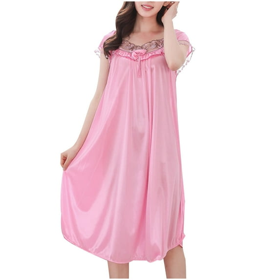 Cotton Pajamas for Women New Short Sleeve Lace Nightdress Women's Nightgowns Soft Ladies Nightdress Ruffles Hem Flowy Solid Midi Dresses New Pinky XL