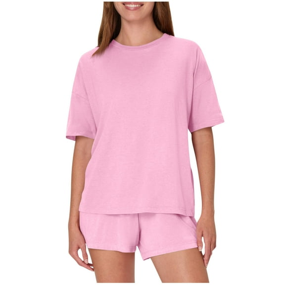 Cotton Pajamas for Women Set Round Neck Pjs Tees Short Sleeve Shirts Low Waisted Stretch Elastic Waist Shorts Lounge Breathable Loungewear Summer Suits for Women Two Piece Loungewear