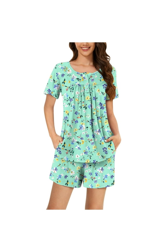 Cotton Pajamas for Women Sets Floral Print Loungewear Suits U Neck Tees Shorts Sleeve Pajama Tops Stretched Elastic Waist Shorts Comfort Casual Nightgown Pjs Suits