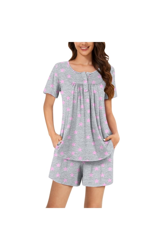 Cotton Pajamas for Women Sets Floral Print Loungewear Suits U Neck Tees Shorts Sleeve Pajama Tops Stretched Elastic Waist Shorts Comfort Casual Nightgown Pjs Suits