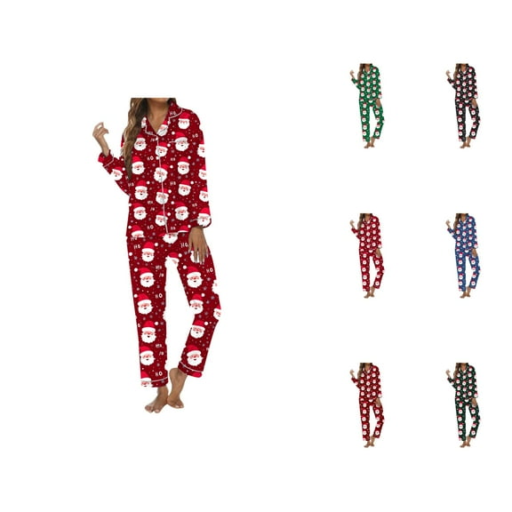 Cotton Pajamas for Women – Comfy Loungewear Shorts Women's Christmas Santa Print Button Pocket Long Sleeve Trousers Home Pajama Set