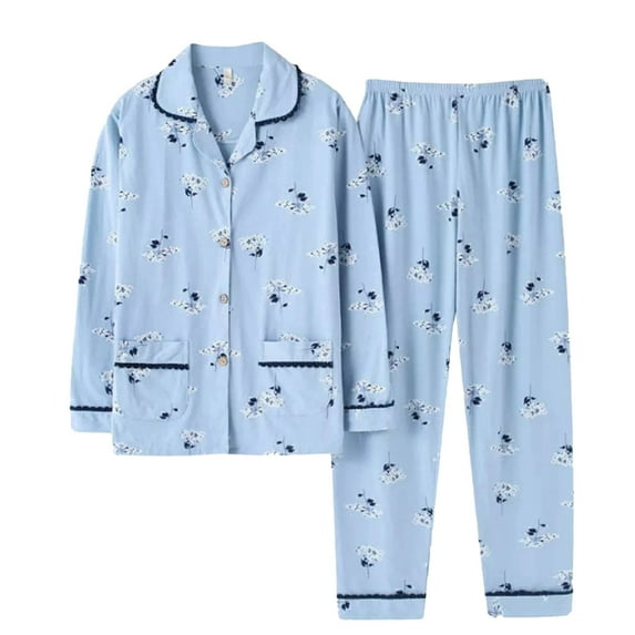 Cotton Pajamas for Women Set 2 Piece Print Lounge Sets Long Sleeve Button Down Shirts Pants Senior Ladies Sleepwear, L