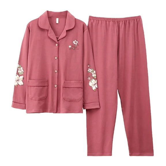 Cotton Pajamas for Women Set 2 Piece Print Lounge Sets Long Sleeve Button Down Shirts Pants Senior Ladies Sleepwear, M