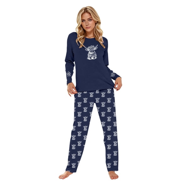 Cotton Pajamas for Women Set Highland Cattle Printed Long Sleeve Tops and Trousers Homewear