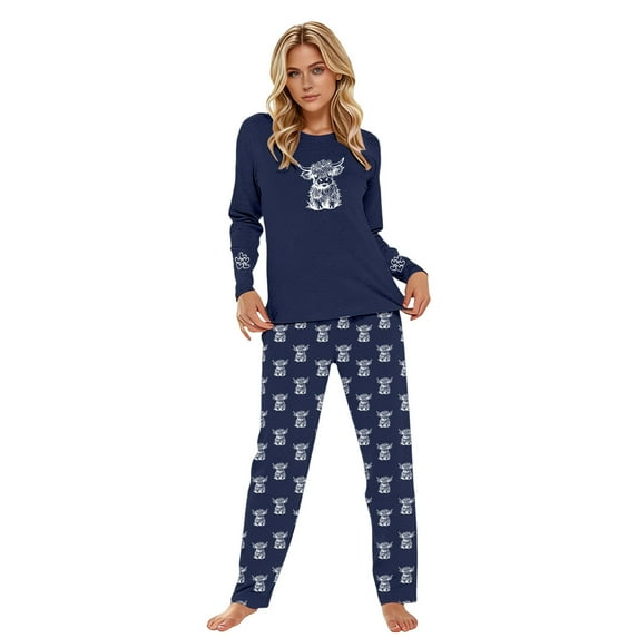 Cotton Pajamas for Women Set Highland Cattle Printed Long Sleeve Tops and Trousers Homewear