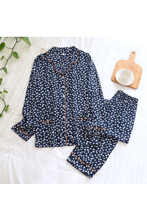 Cotton Pajamas for Women Set Plus Size- Button Down Relaxed Fit Print Floral Loungewear Nightdress 2PC Sleepwear