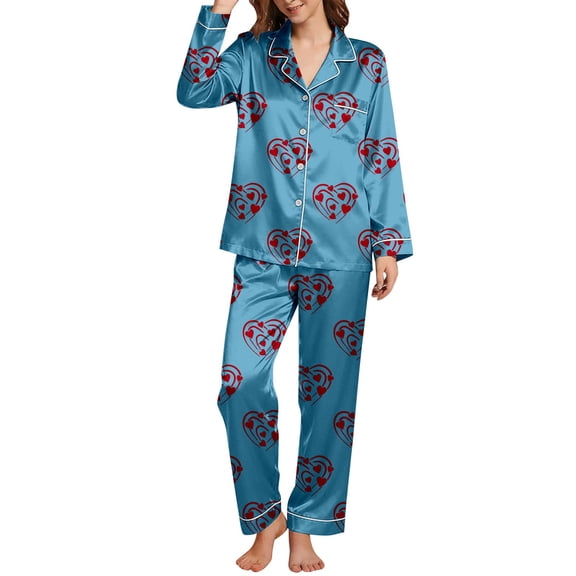 Cotton Pajamas for Women Set Soft Valentines Long Sleeve Lapel Shirts Pants Sleep Nightwear