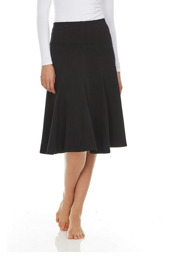 Cotton Panel Midi Skirt for Women Below Knee 27 inch Length Pleated Skirt with Elastic Waist- 95% Cotton Fit and Flare Skirt- High Waist Flowy Skirt for Work, Office, Business, Church Black large