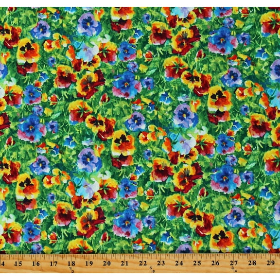 Cotton Pansies Pansy Flowers Floral Field Garden Blossoms Blooms Botanical Green Cotton Fabric Print by the Yard (10374)
