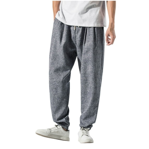Cotton Pants Mens Plain Elasticated Waist Trousers Casual Drawstring Joggers Solid Color Sweatpants Comfortable Loose Straight Leg Full Length Tracksuit Bottoms with Pockets