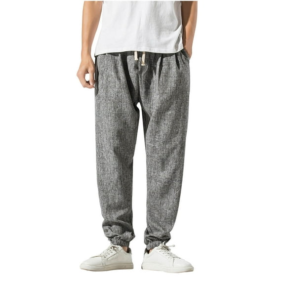 Cotton Pants Mens Plain Elasticated Waist Trousers Casual Drawstring Joggers Solid Color Sweatpants Comfortable Loose Straight Leg Full Length Tracksuit Bottoms with Pockets