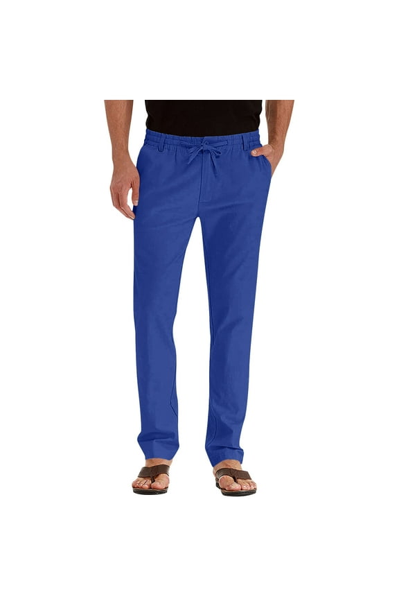 Cotton Pants Mens Plain Elasticated Waist Trousers Casual Lightweight Drawstring Yoga Beach Pants Solid Color Summer Pants Comfortable Slim Full Length Bottoms with Pockets S-3XL