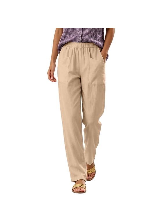 Cotton Pants for Women Lightweight Elastic Waist Loose Casual Trousers Straight Leg Dressy Work Pants with Pockets