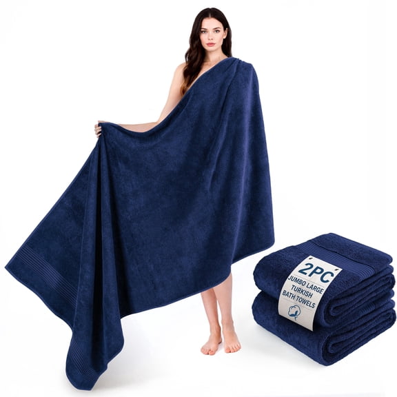 Cotton Paradise 100% Cotton Turkish Towel Set, Soft Absorbent Quick Dry, 2 Piece 35x70 Bath Sheet Set, Navy Blue