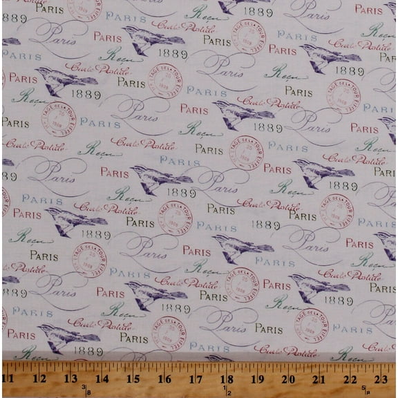 Cotton Paris France French Words Cursive Script Birds Stamps 1889 World Fair Paris in Bloom White Cotton Fabric Print by the Yard (APJ-71852-1WHITE)