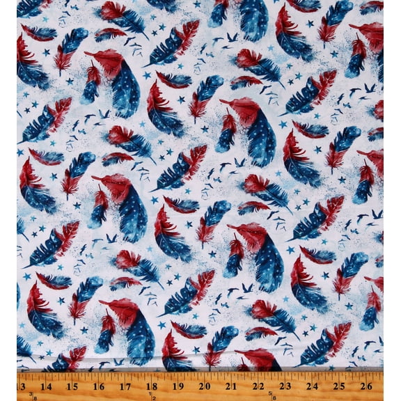 Cotton Patriot Feathers Toss Stars Eagles 4th of July Independence Day Holiday USA White Cotton Fabric Print by the Yard (DP25540-10)