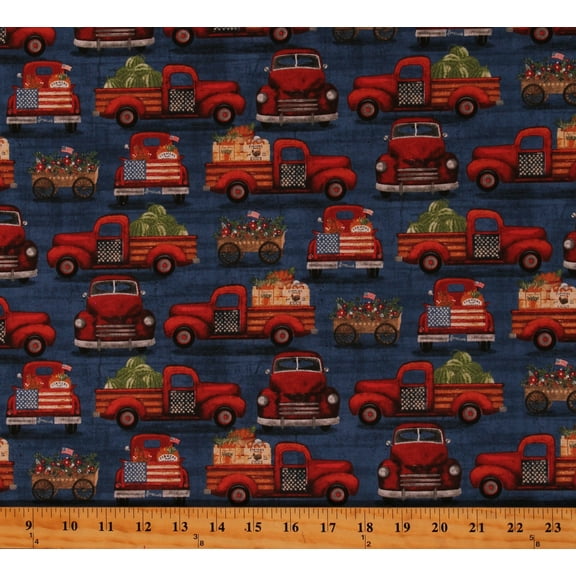 Cotton Patriotic Trucks American Flags USA Independence Day 4th of July Hometown America Blue Cotton Fabric Print by the Yard (18698-NVY-CTN-D)