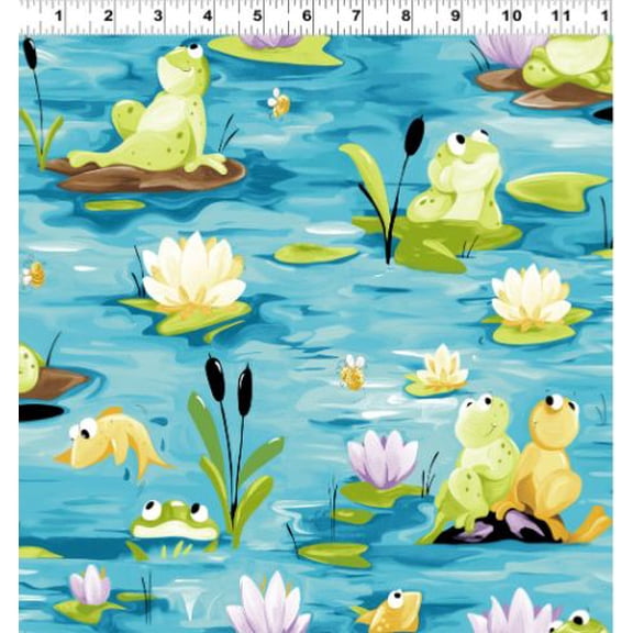 Cotton Paul's Pond Susybee Frogs Swamp Fish Lily Pads Cattails Bees Clothworks Cotton Fabric Print by the Yard (SB20408-950)