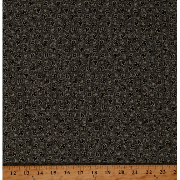 Cotton Paula Barnes Leaves Flowers Plants Speckles Dots Patterned Design Historical Black Cotton Fabric Print by the Yard (R220333-BLACK)