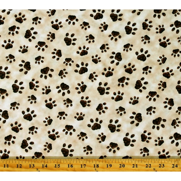 Cotton Pawprints Cats Animals Pets Brown Paws on Tan Literary Kitties Cotton Fabric Print by the Yard (1649-28239-E)