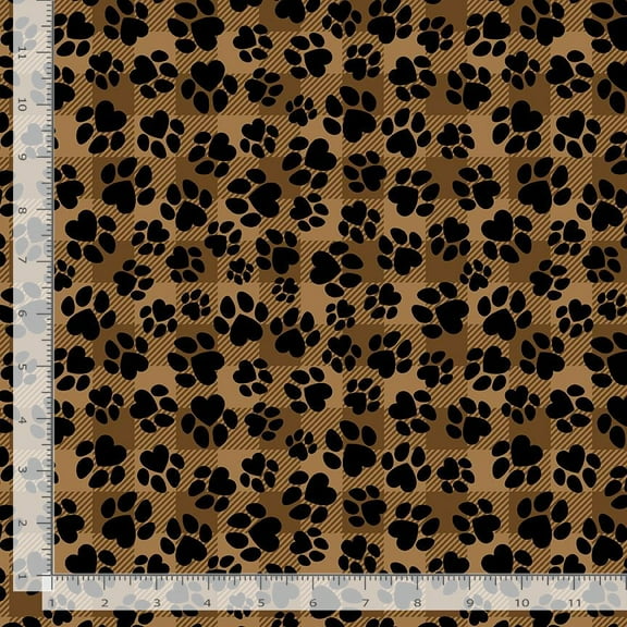 Cotton Paws Prints Footprints Dogs Puppies Animals Pets Checkered Patterned Brown Cotton Fabric Print by the Yard (DOG-CD3319-BROWN) by Timeless Treasures