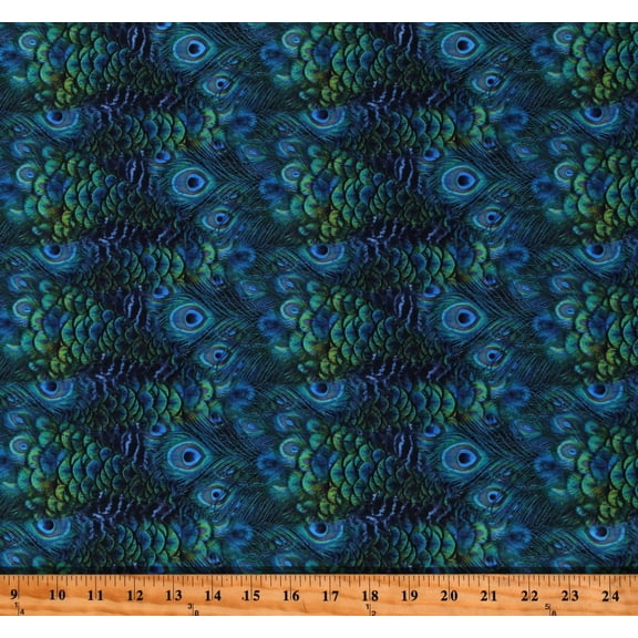 Cotton Peacock Feathers Plumes Plumage Blue Green Birds Cotton Fabric Print by the Yard (119640)