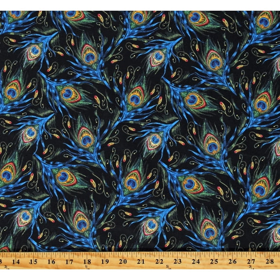 Cotton Peacocks Feathers Birds Plumes Blue Green Gold on Black Cotton Fabric Print by the Yard (119636)