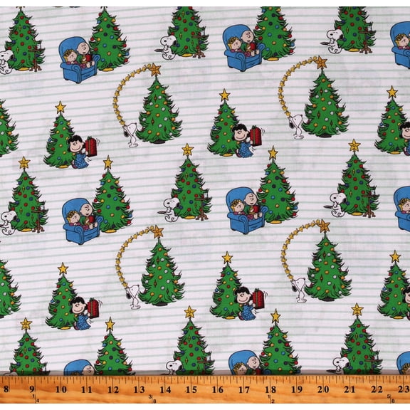 Cotton Peanuts Christmas Magic Couches Chairs Christmas Trees Ornaments Decorations Comic Kids White Cotton Fabric Print by the Yard (77344-A620710)