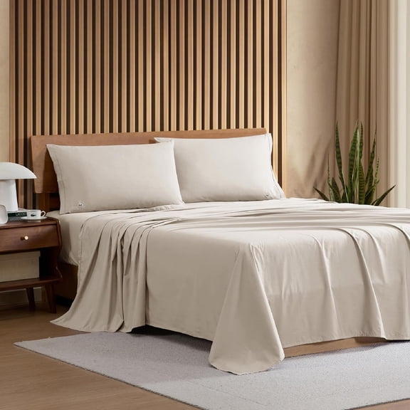 Cotton Percale 4-Piece Sheet Set – Crisp Cool Breathable All-Season Bedding, Oeko-Tex Certified, Soft Matte Finish, Premium Cotton – Solid, Pumice Stone, Queen