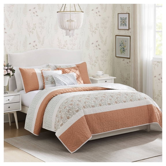 Cotton Percale 6 Piece Quilt Set with Pillows, Shabby Chic Farmhouse Bedding