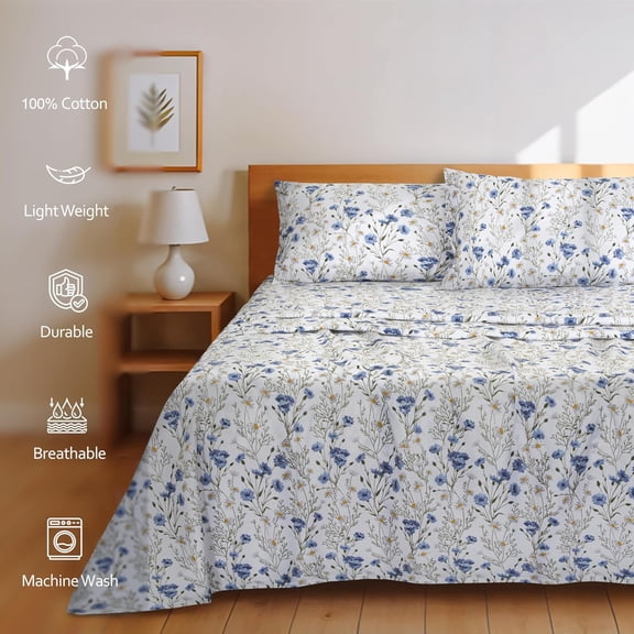 Cotton Percale Bedding Set Queen Size Cooling Breathable Floral Deep Pocket 4-Piece Sweet Pea