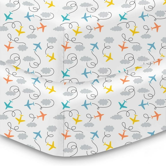 BreathableBaby Cotton Percale Fitted Sheet, For 52" x 28"/132 x 71 cm Crib Toddler Bed Mattress, Airplanes (2-Pack)