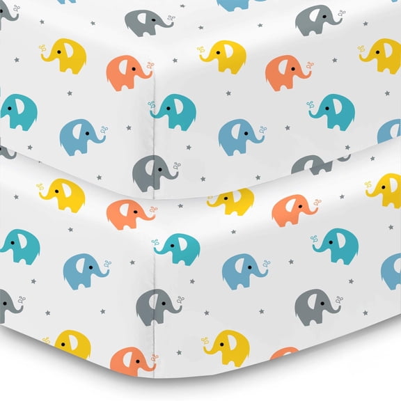 BreathableBaby Cotton Percale Fitted Sheet, For 52" x 28"/132 x 71 cm Crib Toddler Bed Mattress, Elephants (2-Pack)