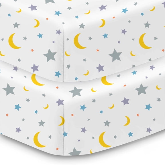 BreathableBaby Cotton Percale Fitted Sheet, For 52" x 28"/132 x 71 cm Crib Toddler Bed Mattress, Moon Stars (2-Pack)