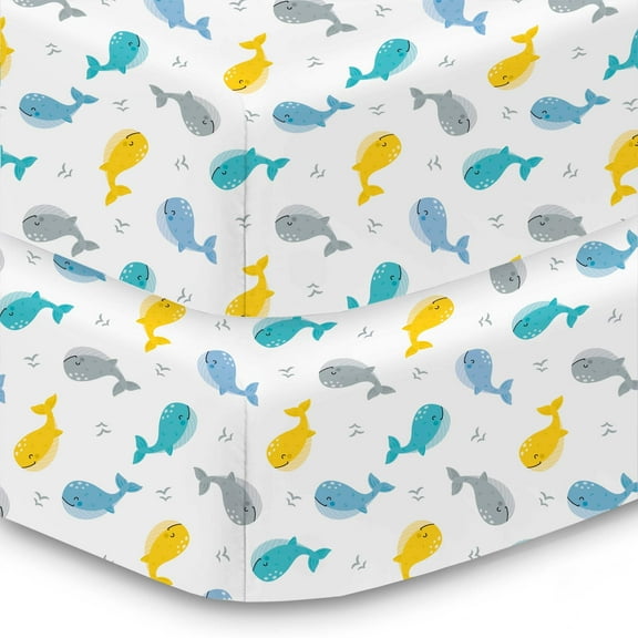 BreathableBaby Cotton Percale Fitted Sheet, For 52" x 28"/132 x 71 cm Crib Toddler Bed Mattress, Whales (2-Pack)