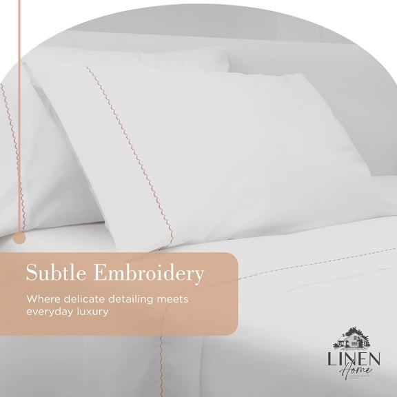 Cotton Percale Moon Scallop Hem Sheets, Queen Size, Peach, Deep Pocket, 4 Pieces Set - 1 Flat, 1 Deep Pocket Fitted Sheet and 2 Pillowcases, Crisp Cool and Strong Bed Linen