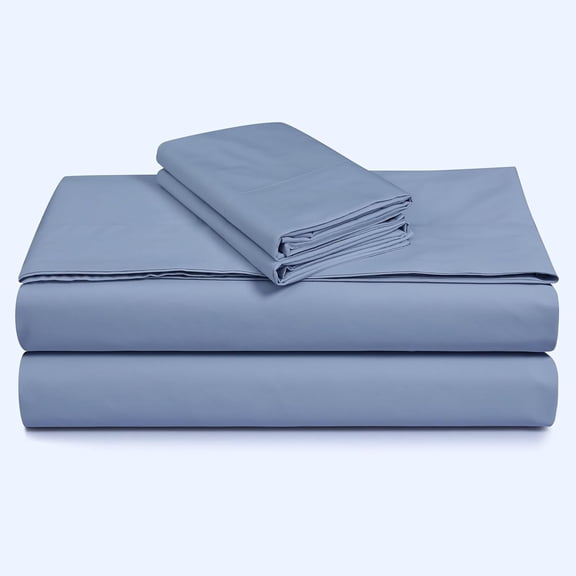 Cotton Percale Queen Size Bed Sheet Set, 300 Thread Count, Extra Deep Pockets, Skyway/Blue