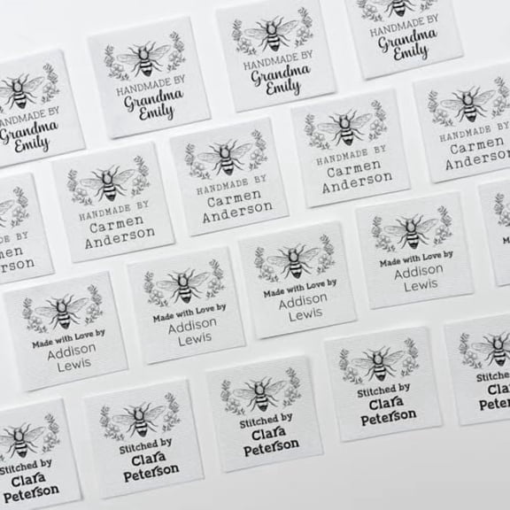 Cotton Personalized Fabric Tags (1.5x1.5): 35-set Sew/Iron On, Machine Washable, Floral Bee, Gift for Quilters/Knitters/Mom | Art & Craft