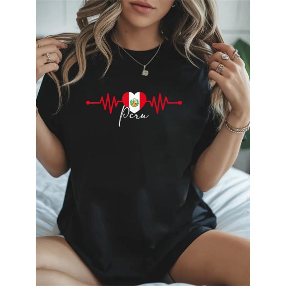 Cotton Peru Heritage Roots Proud Heartbeat Peruvian Flag Pride Casual Graphic Daily T-Shirt