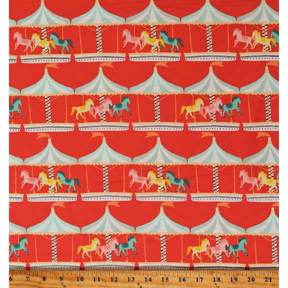 Cotton Petite Circus Carousel Animals Horses Rides Children Kids Red Cotton Fabric Print by the Yard (PTC-59702-CAROUSEL JOY)