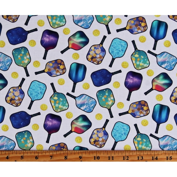 Cotton Pickleball Paddles Balls Equipment Sports White Cotton Fabric Print by the Yard (683WHITE)