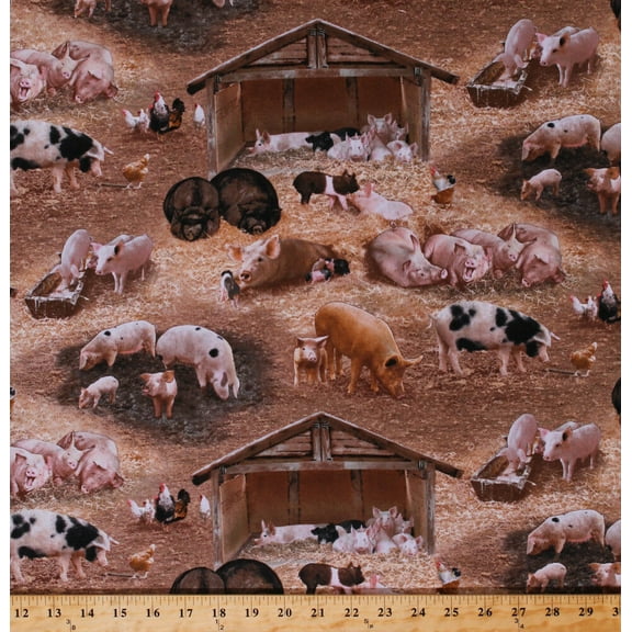 Cotton Pigs Piglets Piggies Hogs Boars Barnyard Fowl Chickens Barns Farming Farm Animals Brown Cotton Fabric Print by the Yard (338brown)