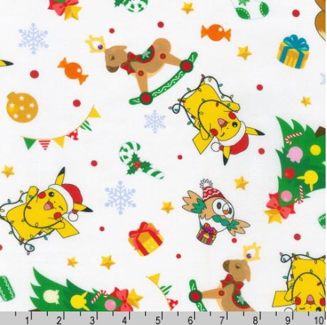 Cotton Pikachu's Holiday Christmas Ornaments Nintendo Video Games Characters Kids White Cotton Fabric Print by the Yard (AOPD-21797-1WHITE)