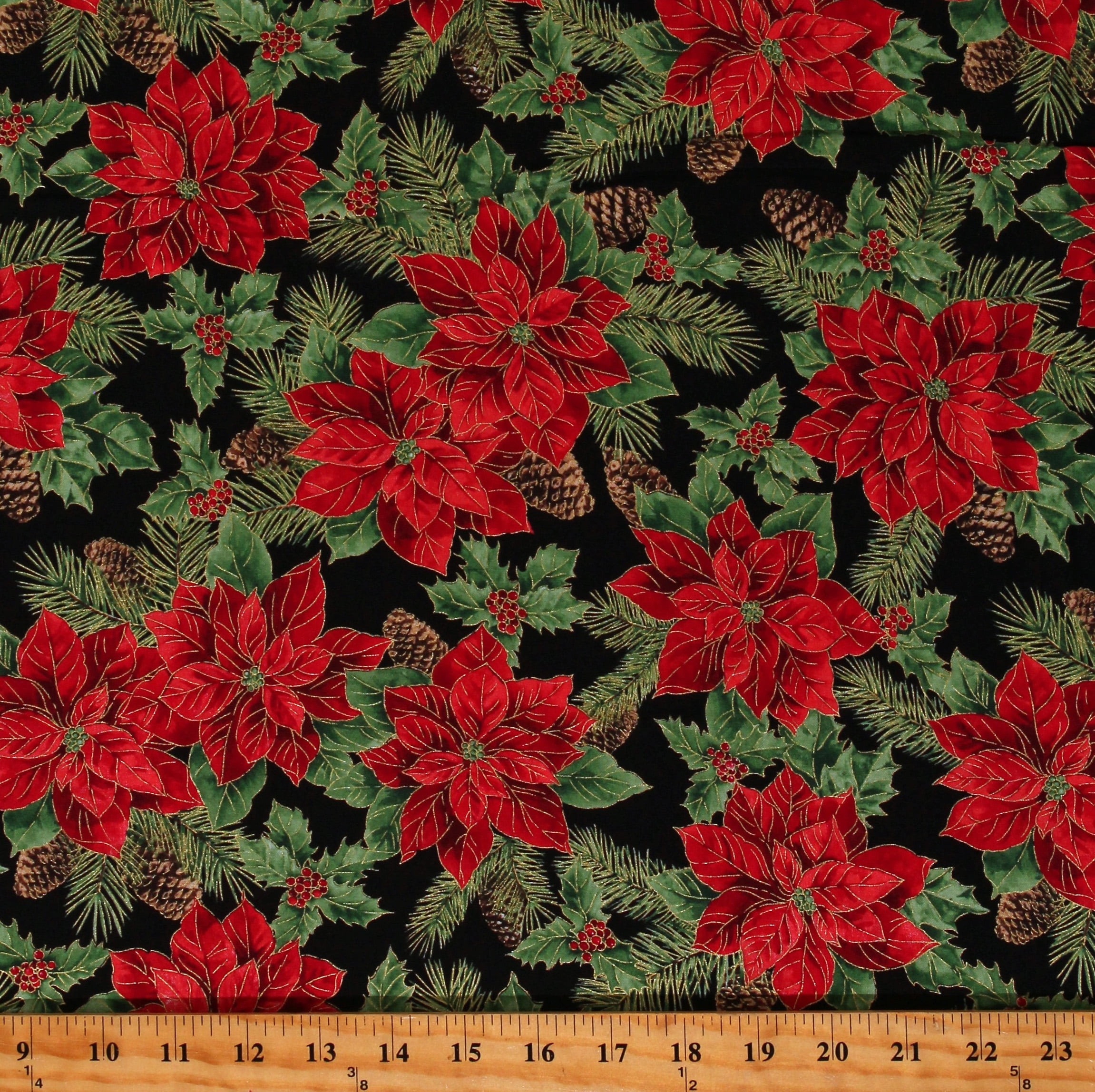 Cotton Pine Cones Poinsettias Flowers Holly Ivy Christmas Holiday Decorations Seasonal Winter Black Cotton Fabric Print by the Yard (HOLIDAY-CM2054-BLACK)