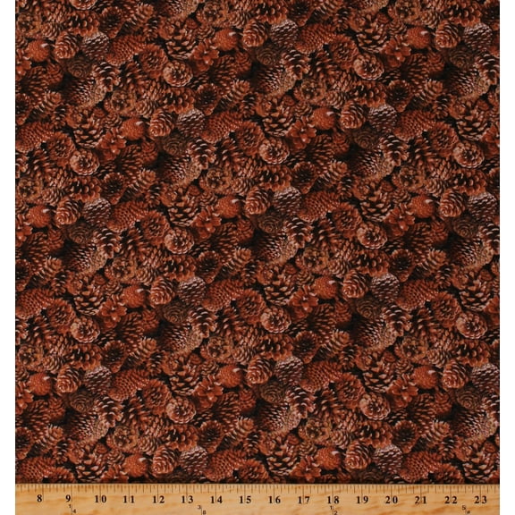 Cotton Pinecones Trees Bark Christmas Landscape Medley Brown Cotton Fabric Print by the Yard (454BROWN)